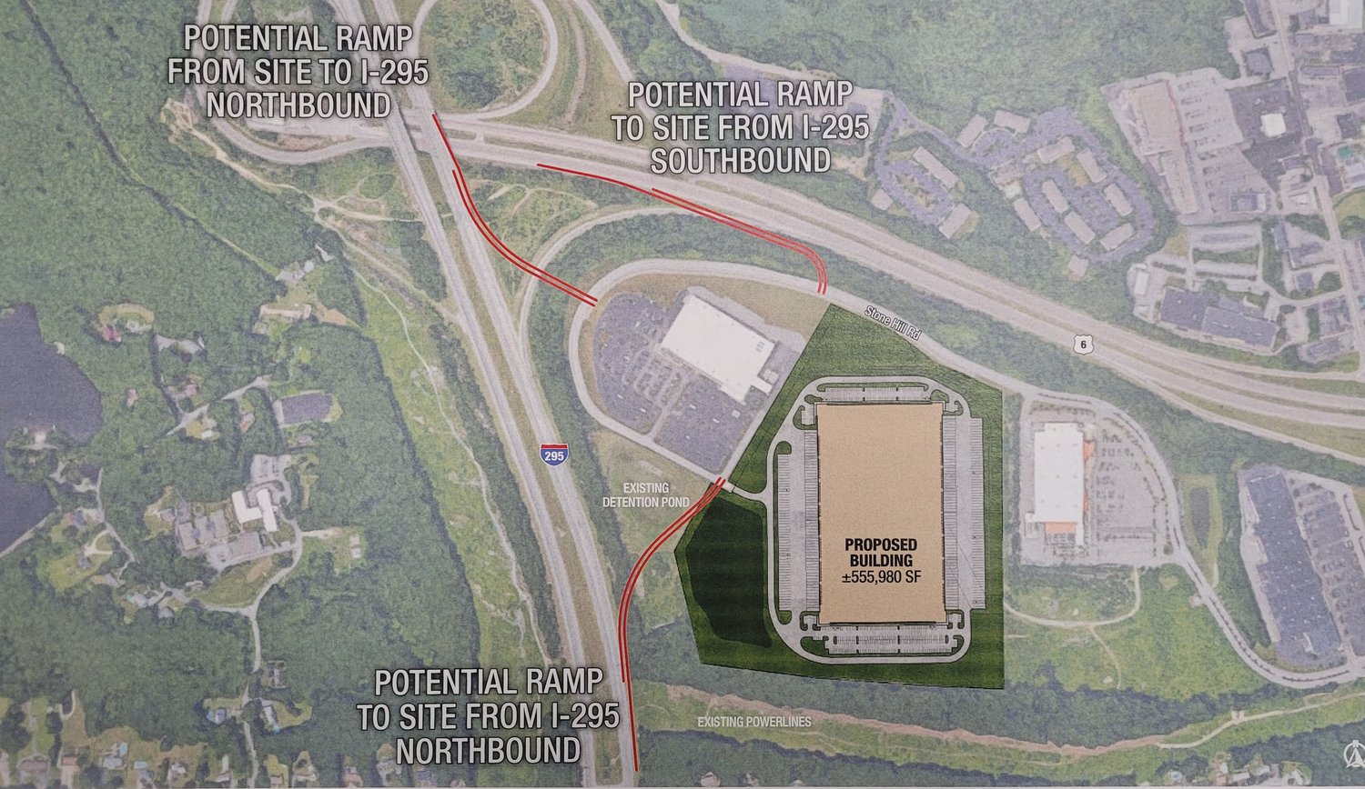 THE SITE: NorthPoint Development hopes to build the “I-295 Commerce Center,” a $75 million, 555,980 square foot warehouse facility off Stonehill Drive, between the Home Depot and the BJ’s Wholesale Club in Johnston. This image depicts possible new access routes to the facility. The additional exits will require state, and possibly federal, approval.